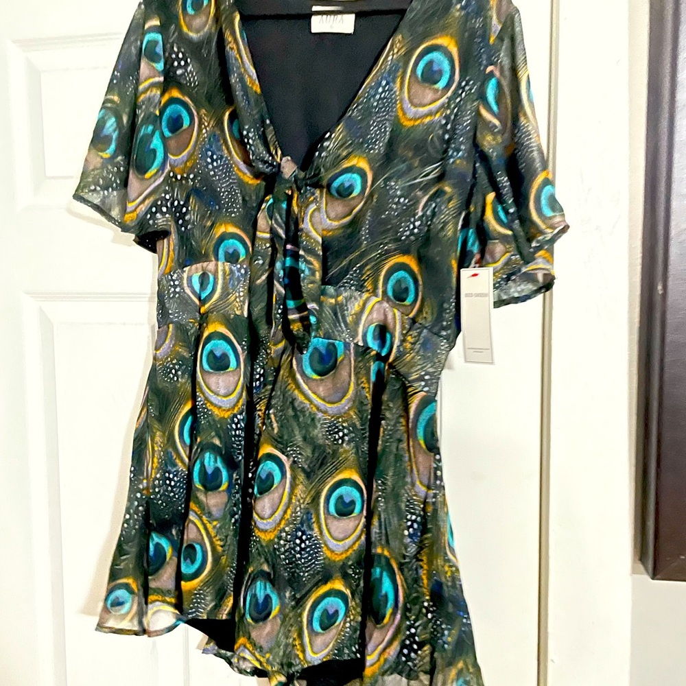 Peacock print tie-front romper